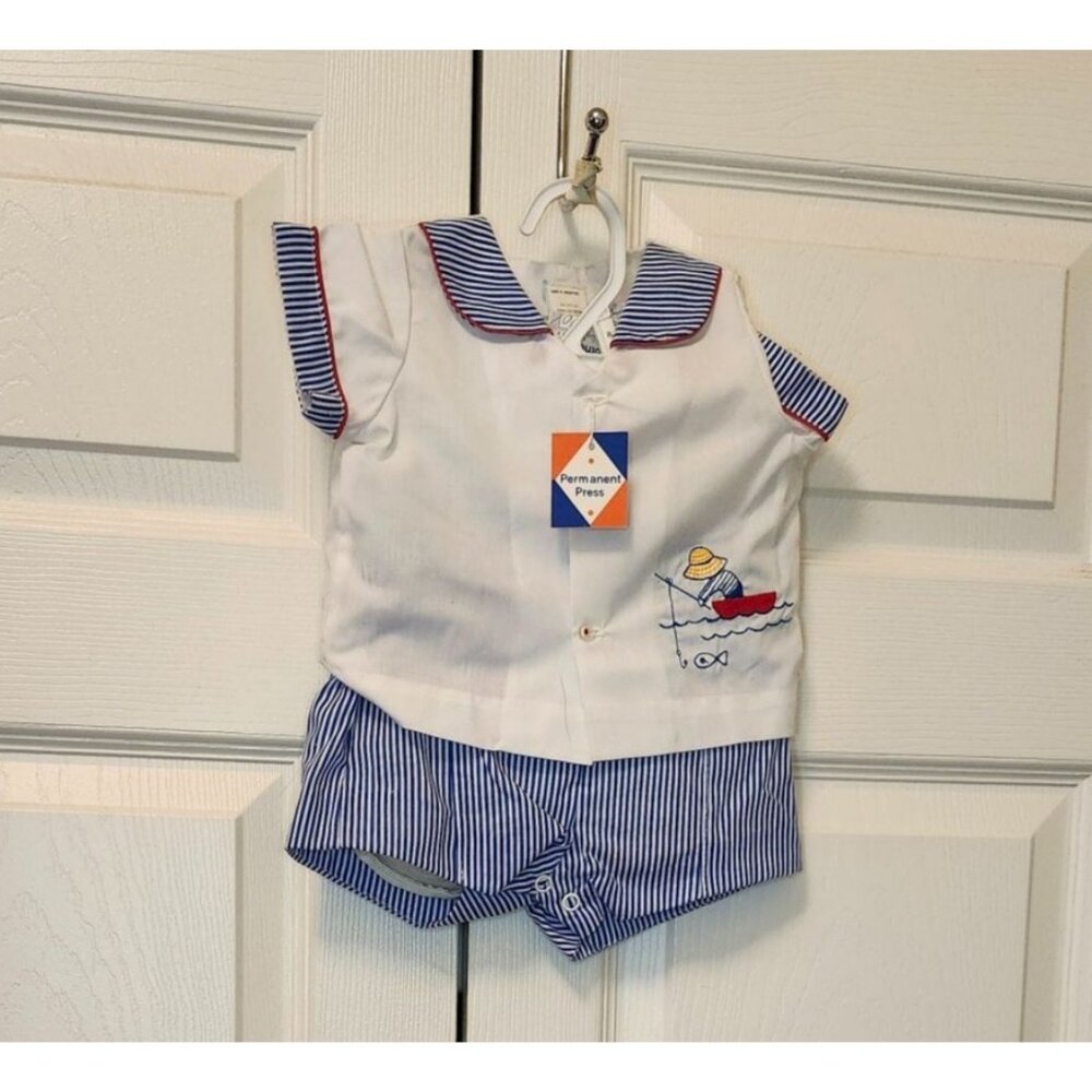 New Vtg Baby Boy Mothercare Blue White Striped Fishing Top Shorts Set Size 12 M
